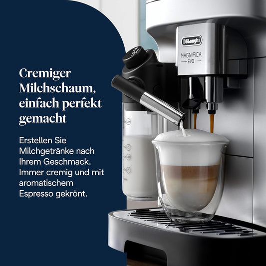 Magnifica Evo ECAM292.81.SB- Kaffeevollautomat mit vollautomatischem cremigen Milchschaum, 7 One-Touch-Getränke, Cappuccino & Espresso, Kaffeemaschine, Soft-Touch-Bedienfeld, Silber